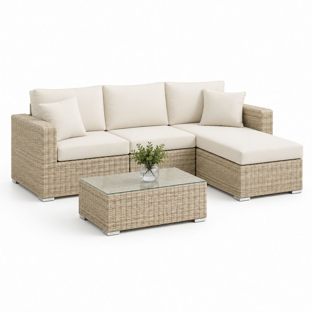 Gartenlounge Set Polyrattan Beige mit rechter Ottomane und Glastisch 230 x 150 x 65 cm
