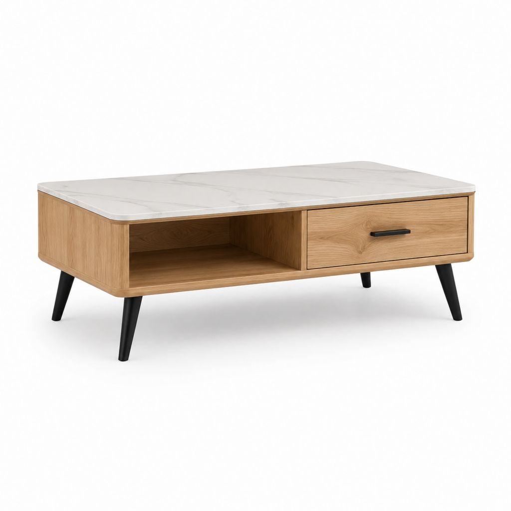 Couchtisch mit Schublade und offenem Fach Eichenfurnier Keramikplatte in Marmoroptik rechteckig 120 x 60 x 42 cm