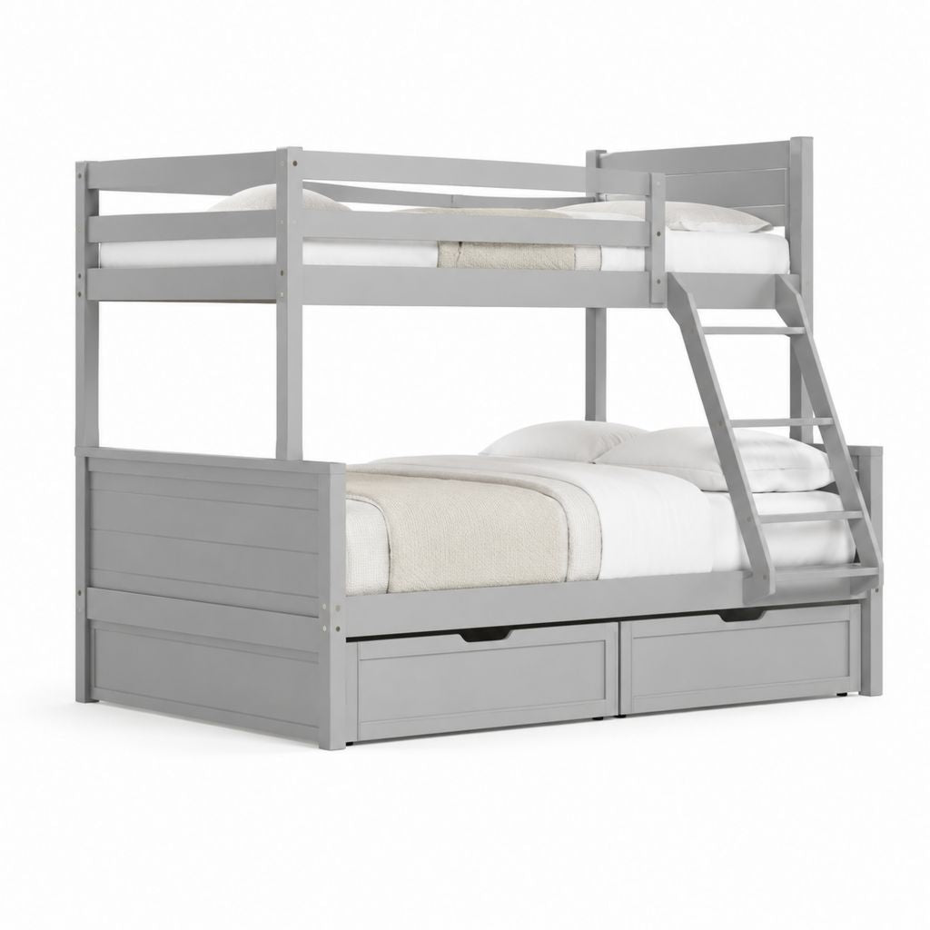 Kinder Etagenbett Grau aus massivem Kiefernholz mit Leiter und 2 Schubladen 90 x 200 cm und 140 x 200 cm 207 x 148 x 170 cm