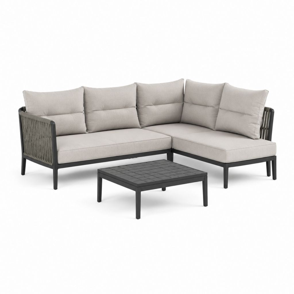 Gartenlounge Set 3-teilig Beige Schwarz Aluminium Polyester Seilgeflecht L-Form 230 x 160 cm