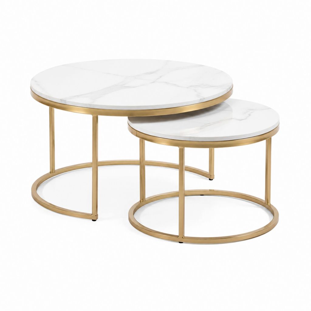 Couchtisch Set 2-teilig Weiß Gold MDF mit Marmordekor rund Ø 80 cm und Ø 60 cm
