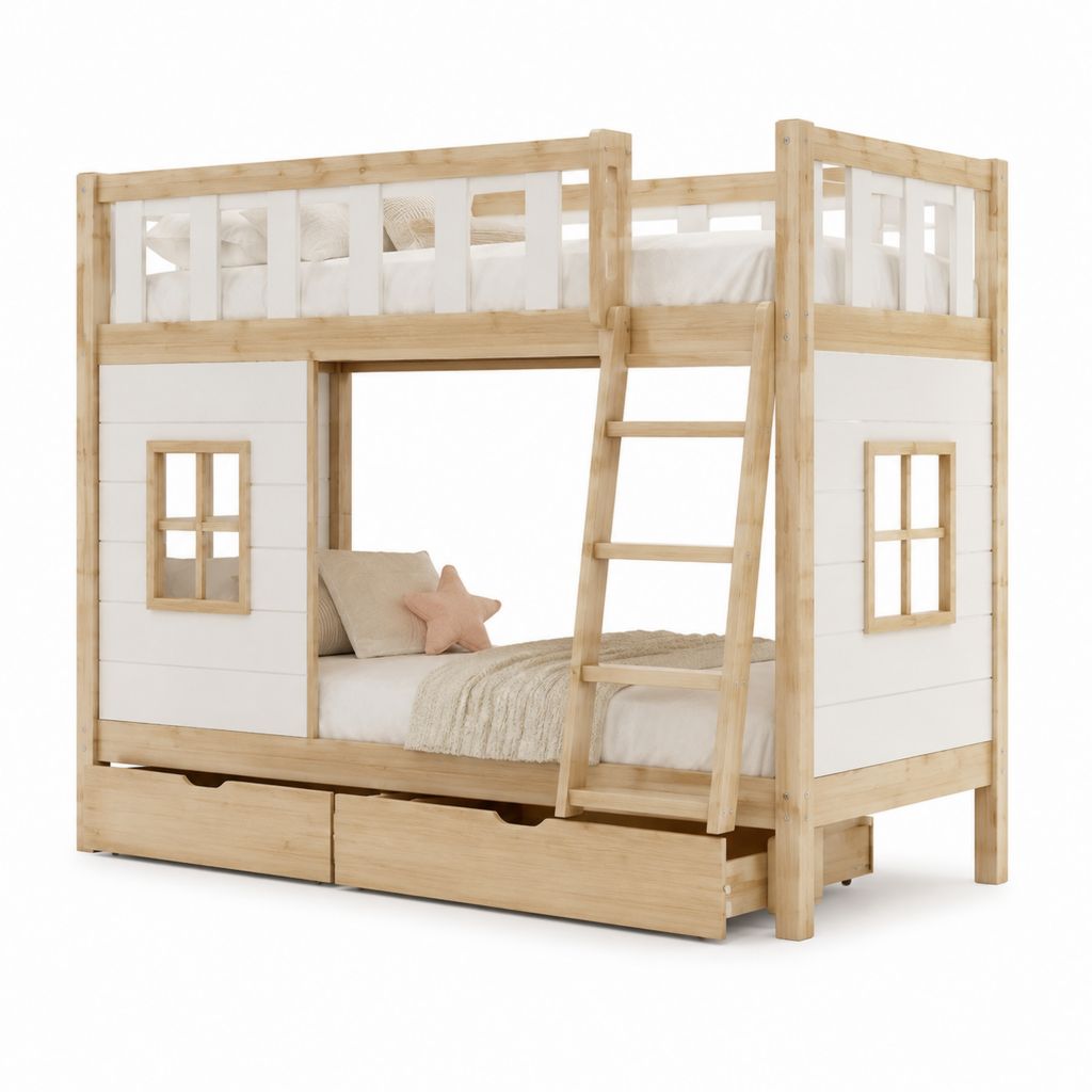 Kinder-Etagenbett Hausbett Naturweiß aus massivem Kiefernholz mit Leiter und 2 Schubladen 90 x 200 cm
