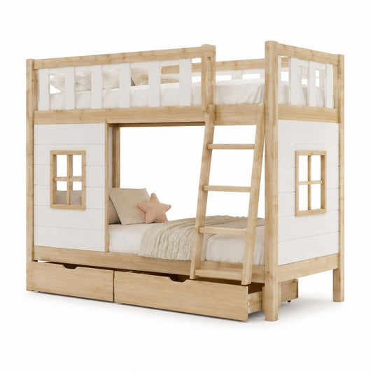 Kinder-Etagenbett Hausbett Naturweiß aus massivem Kiefernholz mit Leiter und 2 Schubladen 90 x 200 cm