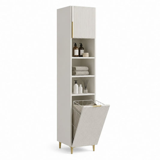 Badezimmer Hochschrank Weiß aus MDF mit geriffelter Front und Wäschekorb 180 x 40 x 35 cm
