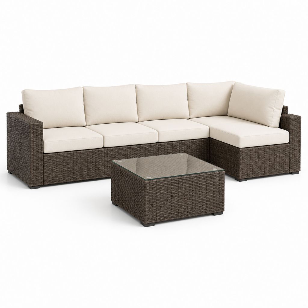 Garten Lounge Set PE-Polyrattan Braun Creme L-Form mit Glastisch 240 x 180 x 65 cm