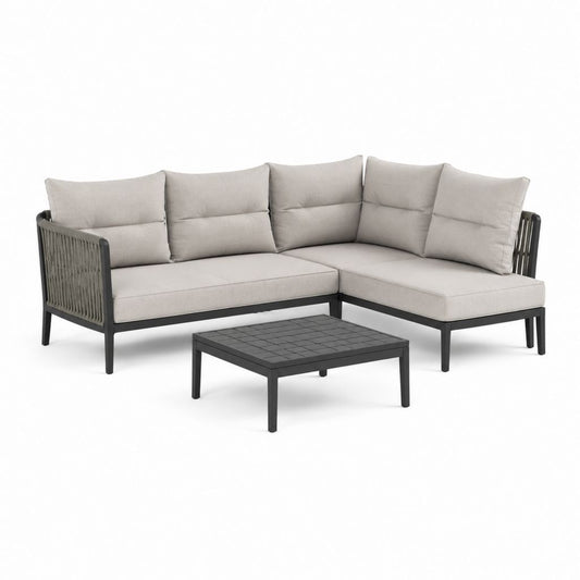 Gartenlounge Set 3-teilig Beige Schwarz Aluminium Polyester Seilgeflecht L-Form 230 x 160 cm