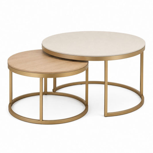 Couchtisch Set 2-teilig Beige Eiche Gold Stahl rund Ø 80 cm und Ø 60 cm
