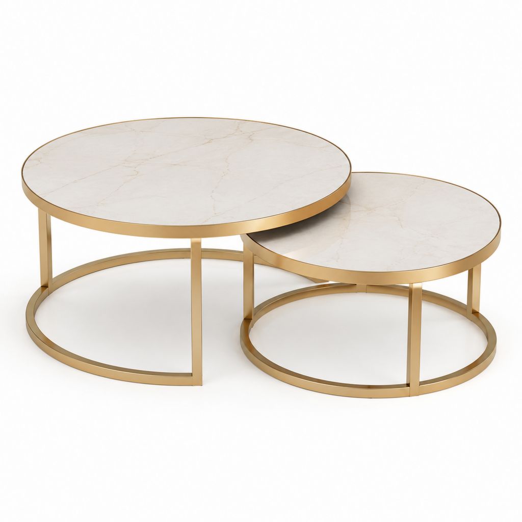 Couchtisch Set 2-teilig Weiß Gold Keramik Stahl Rund 80 x 80 x 45 cm und 60 x 60 x 38 cm