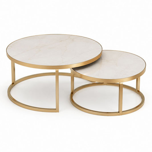 Couchtisch Set 2-teilig Weiß Gold Keramik Stahl Rund 80 x 80 x 45 cm und 60 x 60 x 38 cm