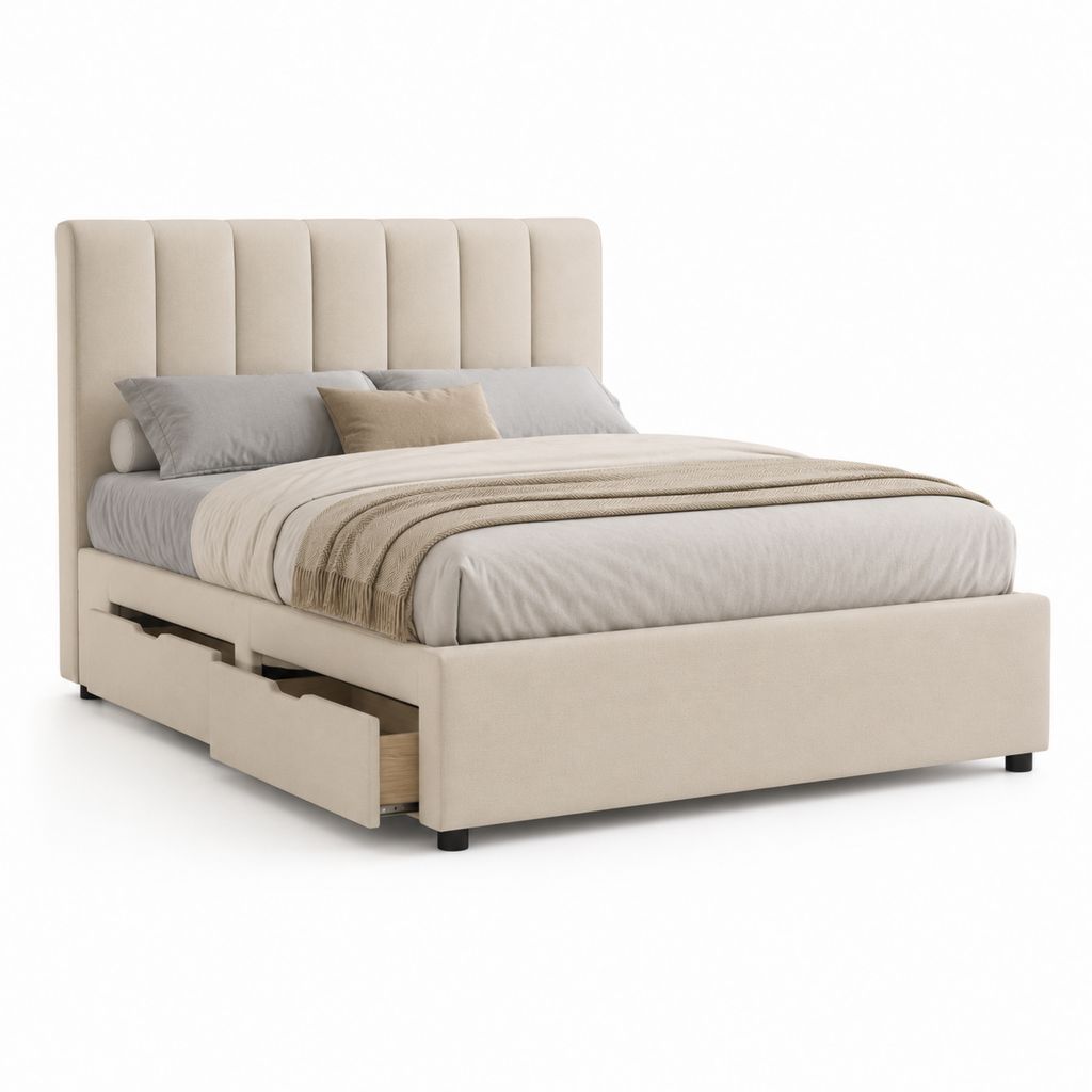 Stauraumbett Beige mit Polyesterbezug und 2 Schubladen 160 x 200 cm