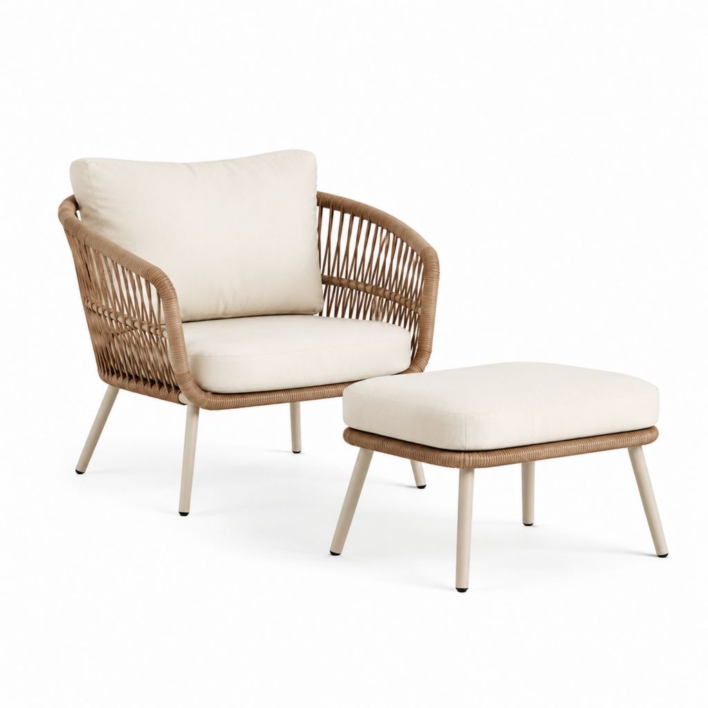 2-teiliges Garten-Loungesessel-Set Beige Braun mit PE-Rattan und Stahlgestell Sessel 78 x 76 x 76 cm Hocker 65 x 50 x 42 cm