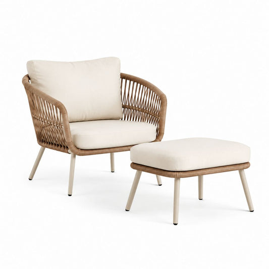 2-teiliges Garten-Loungesessel-Set Beige Braun mit PE-Rattan und Stahlgestell Sessel 78 x 76 x 76 cm Hocker 65 x 50 x 42 cm