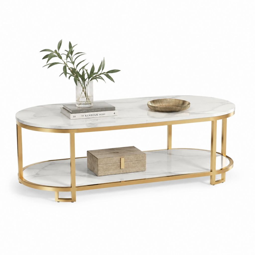Couchtisch Weiß Gold mit Marmoroptik Edelstahl oval 120 x 60 x 45 cm
