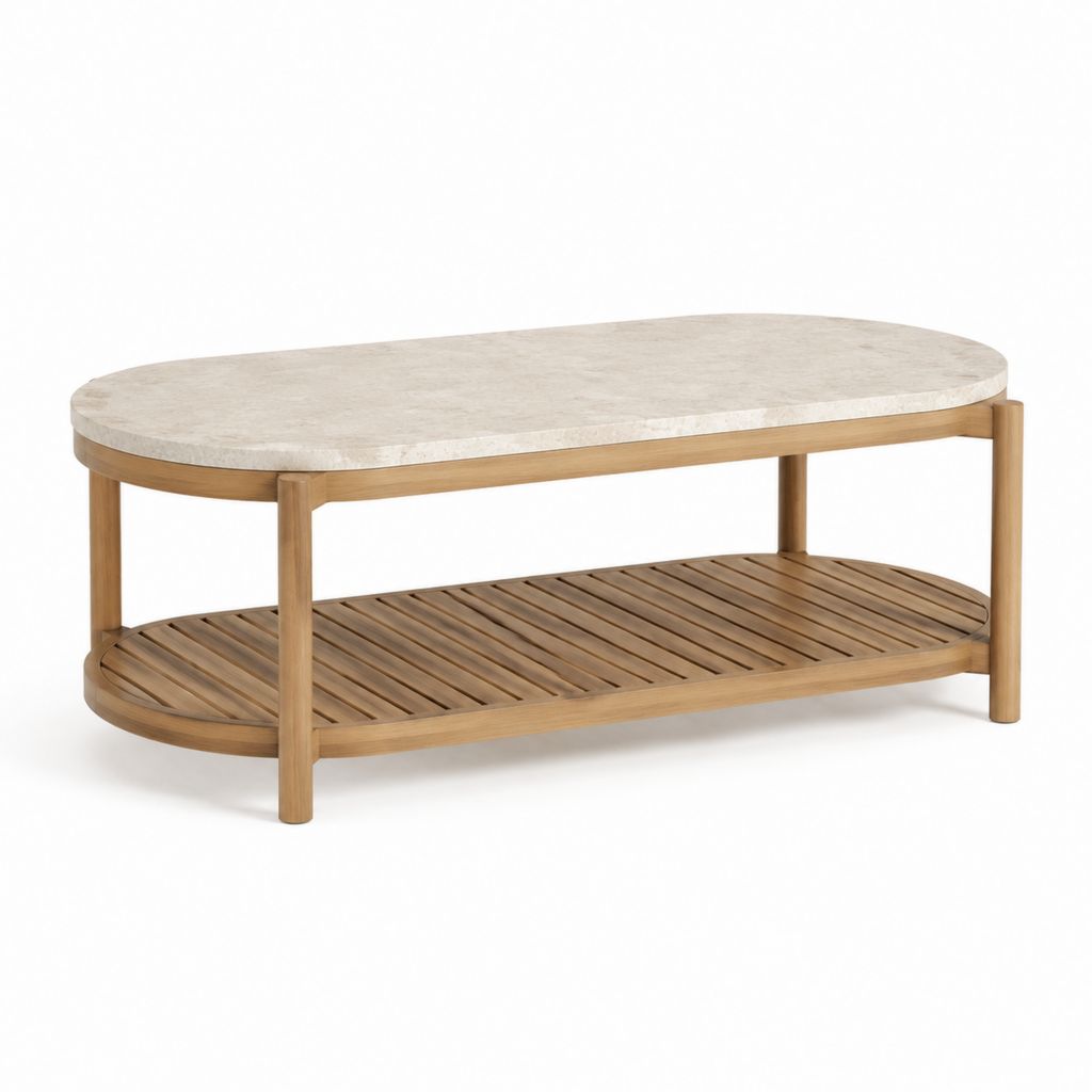 Couchtisch oval Beige aus Marmor und massivem Akazienholz mit Ablage 110 x 60 x 45 cm