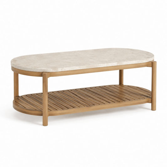 Couchtisch oval Beige aus Marmor und massivem Akazienholz mit Ablage 110 x 60 x 45 cm