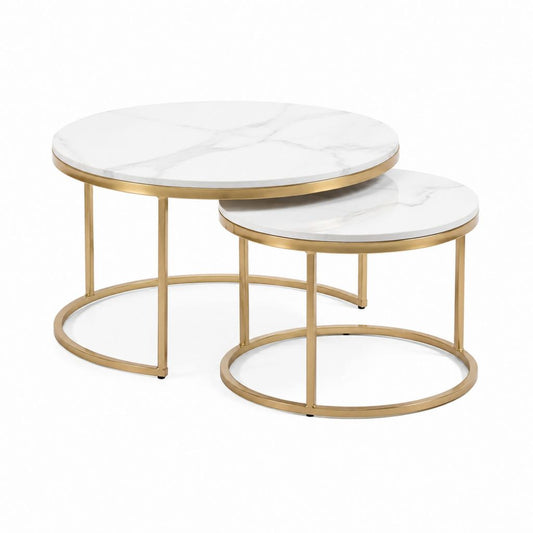 Couchtisch Set 2-teilig Weiß Gold MDF mit Marmordekor rund Ø 80 cm und Ø 60 cm