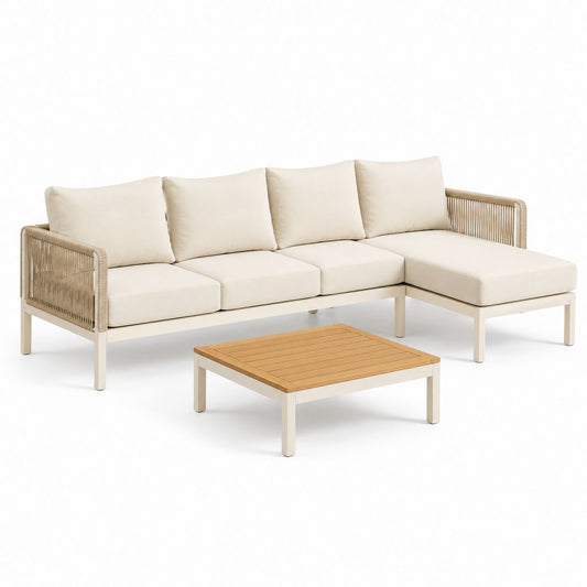 Gartenlounge Ecksofa Set Creme Aluminium Polypropylen Geflecht L-Form 240 x 150 x 75 cm
